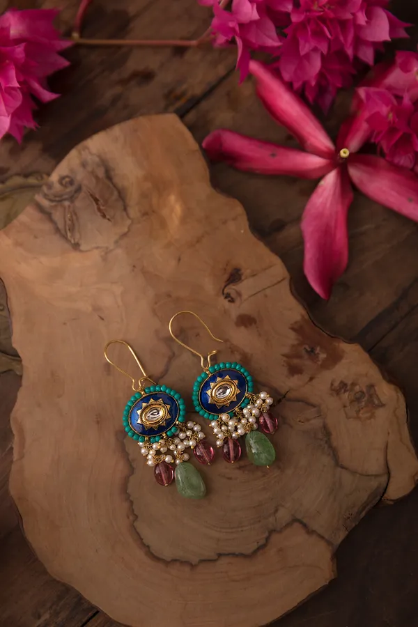 Oval Blue Feroza Danglers With Pink & Green Drops Earrings