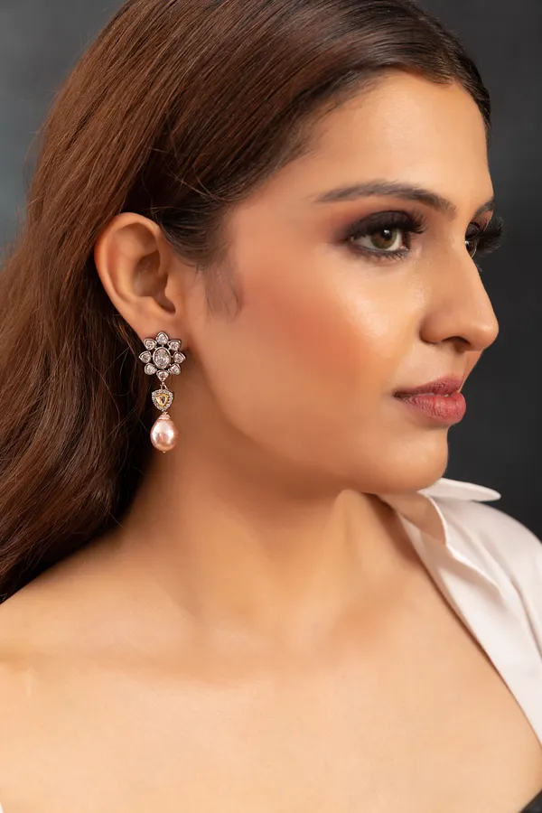 Zircon Flower With Triangle & Baroque Drop Earrings