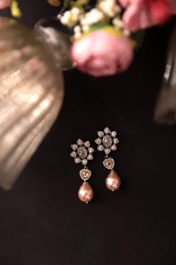 Zircon Flower With Triangle & Baroque Drop Earrings