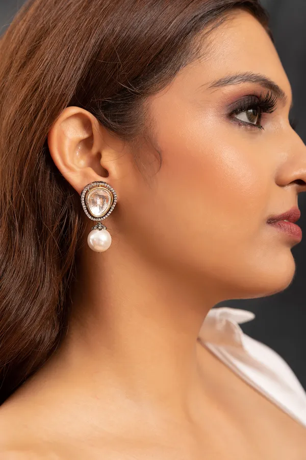 Zircon Mega Polki Stud With Pearl Drop Earrings