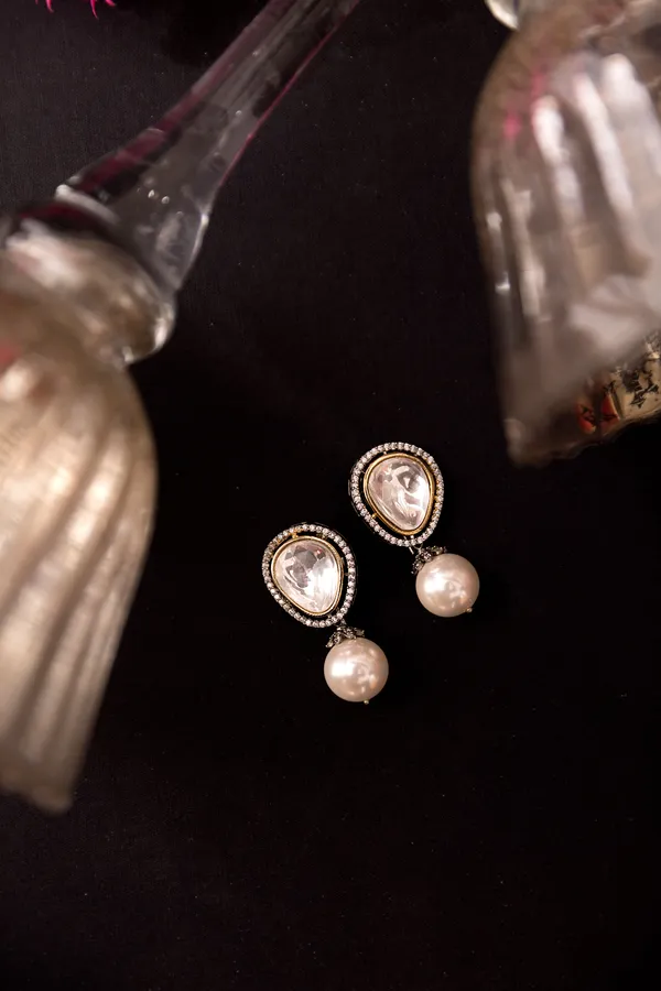 Zircon Mega Polki Stud With Pearl Drop Earrings
