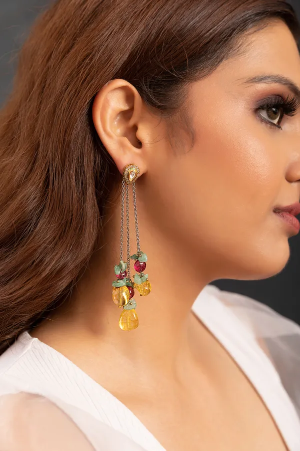 Green & Pink Zircon chained Danglers With yellow Citrine Drops Earrings
