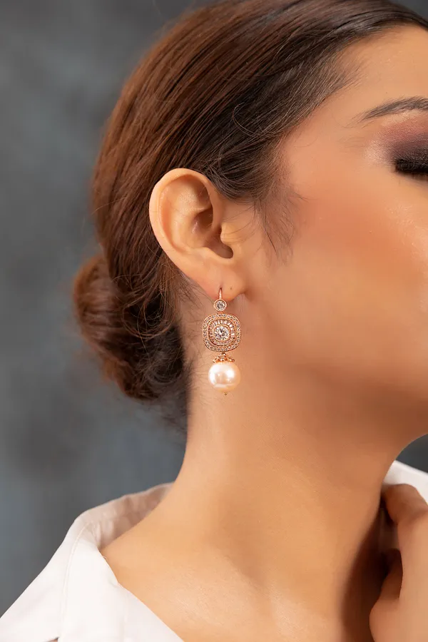 Rose Gold Flower With Pink Pearl Drop Earrings