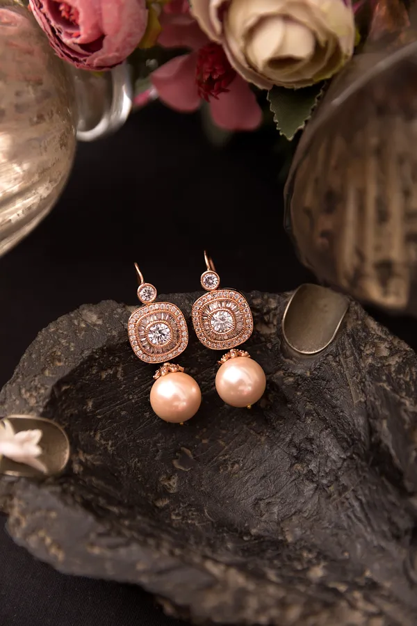 Rose Gold Flower With Pink Pearl Drop Earrings