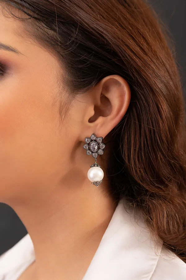 Zircon Flower With White Pearl Drop Earrings