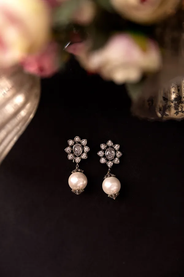 Zircon Flower With White Pearl Drop Earrings