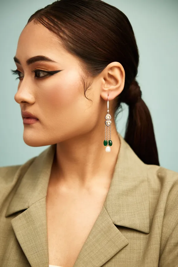 Green & White Emerald Pearl Dangler Earrings