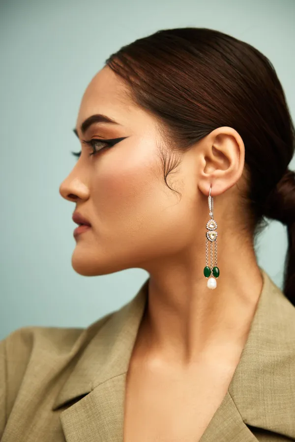 Green & White Emerald Pearl Dangler Earrings