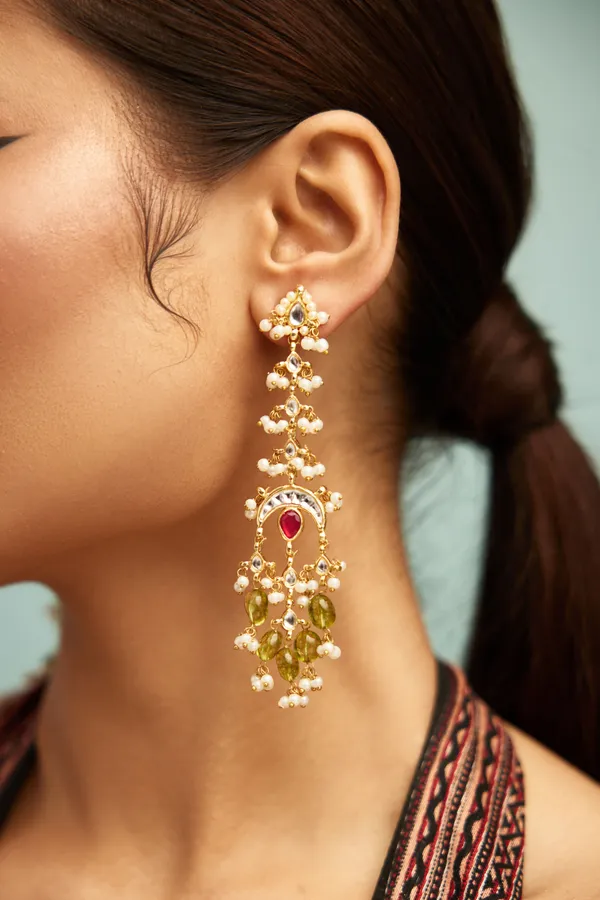 Red Kundan Peridot Drops Pearls Dangler Earrings