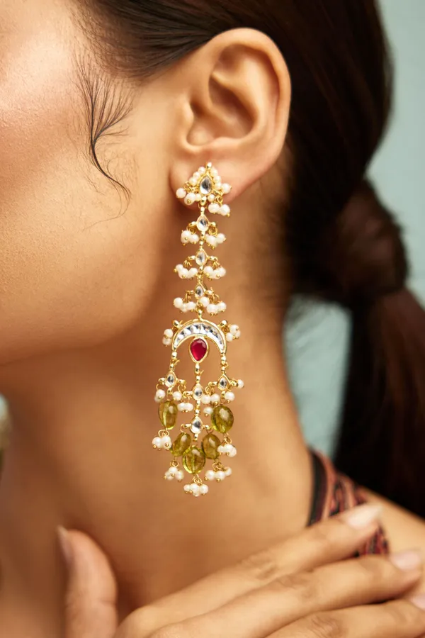 Red Kundan Peridot Drops Pearls Dangler Earrings