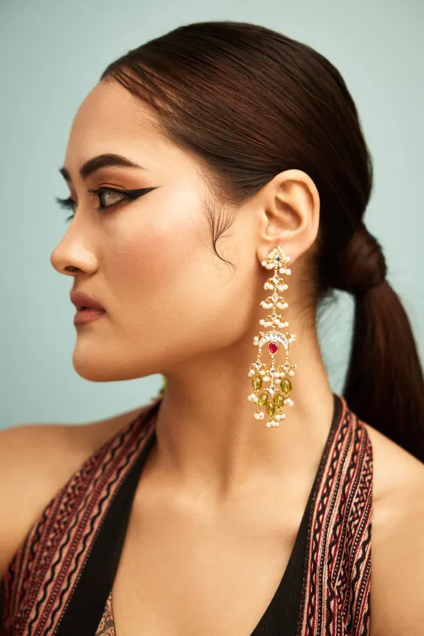 Red Kundan Peridot Drops Pearls Dangler Earrings