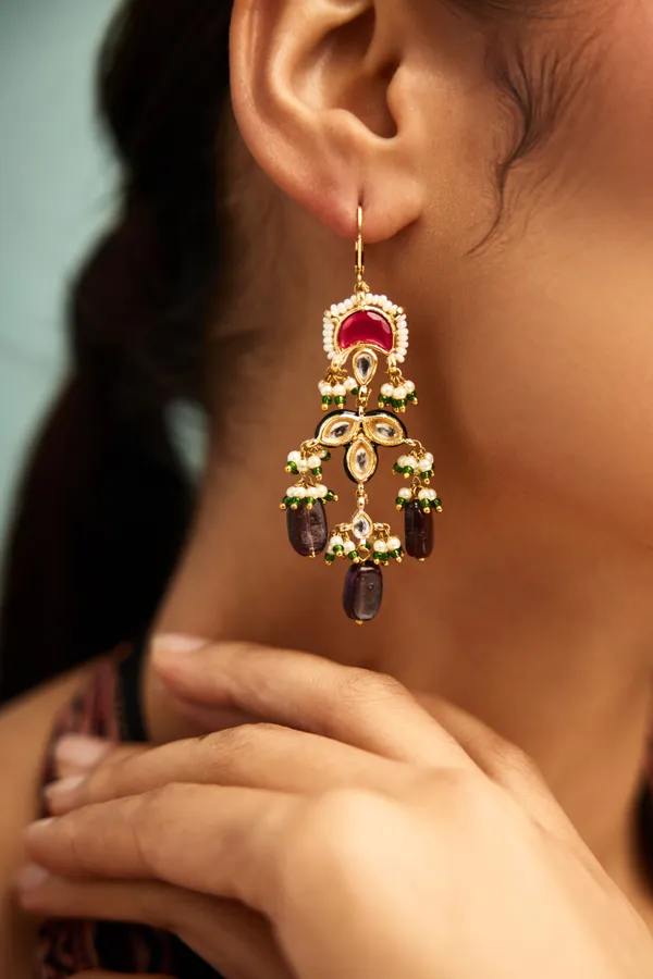 Red Kundan Chand Amethyst Drops Petal Earrings