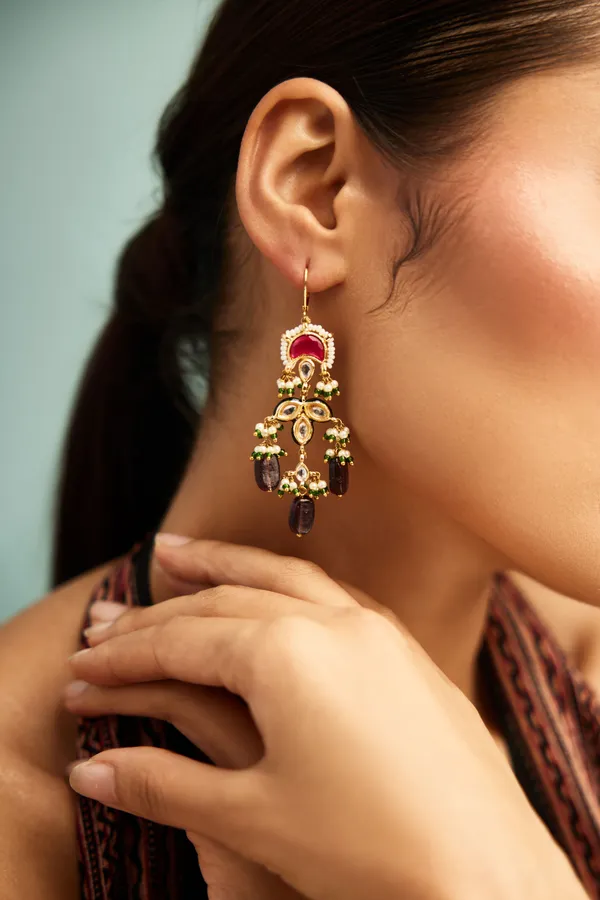 Red Kundan Chand Amethyst Drops Petal Earrings