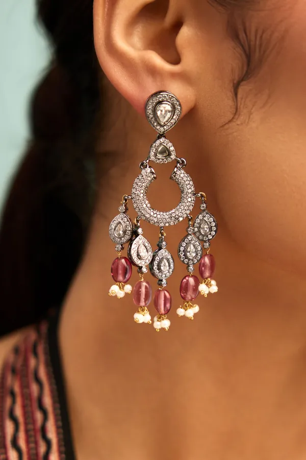 Silver Zirconia Tourmaline Drops With Pearls Earrings