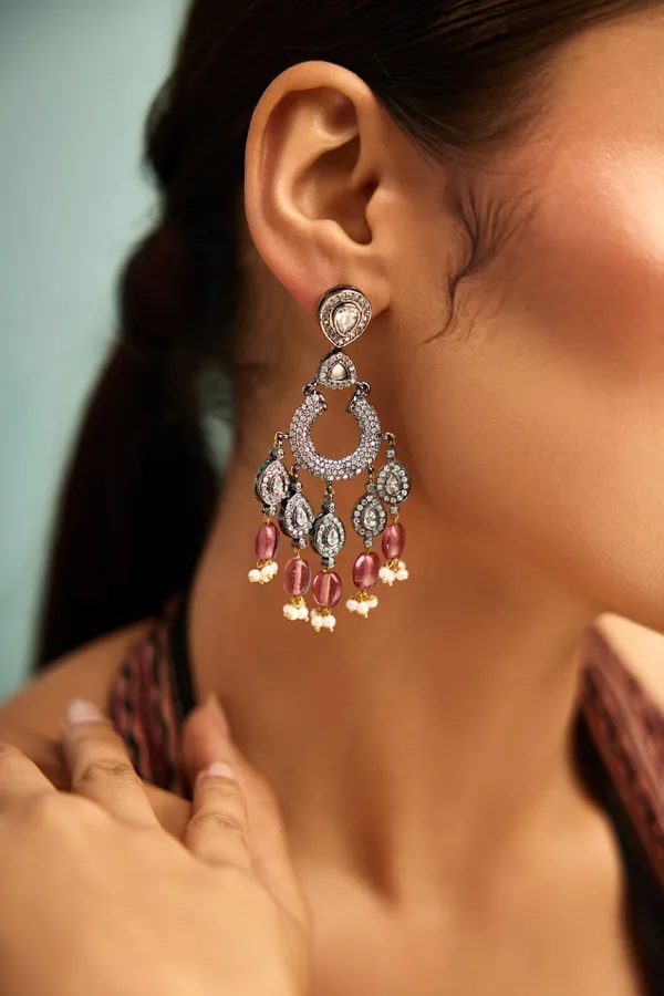 Silver Zirconia Tourmaline Drops With Pearls Earrings