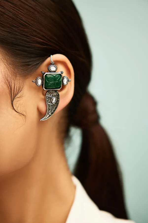 Carved Green Center Silver Finish Earcuffs