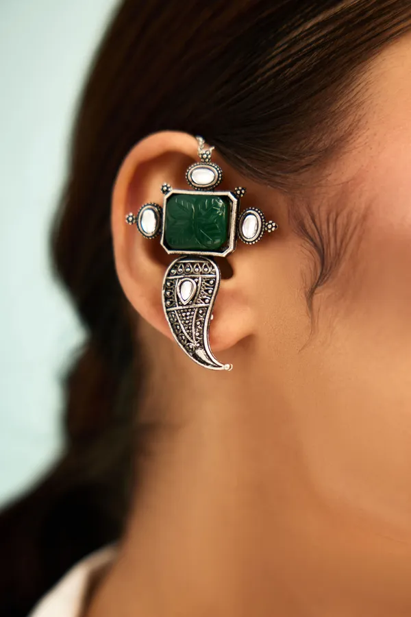 Carved Green Center Silver Finish Earcuffs