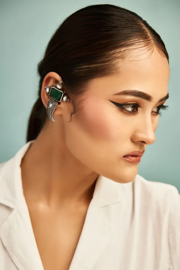 Carved Green Center Silver Finish Earcuffs