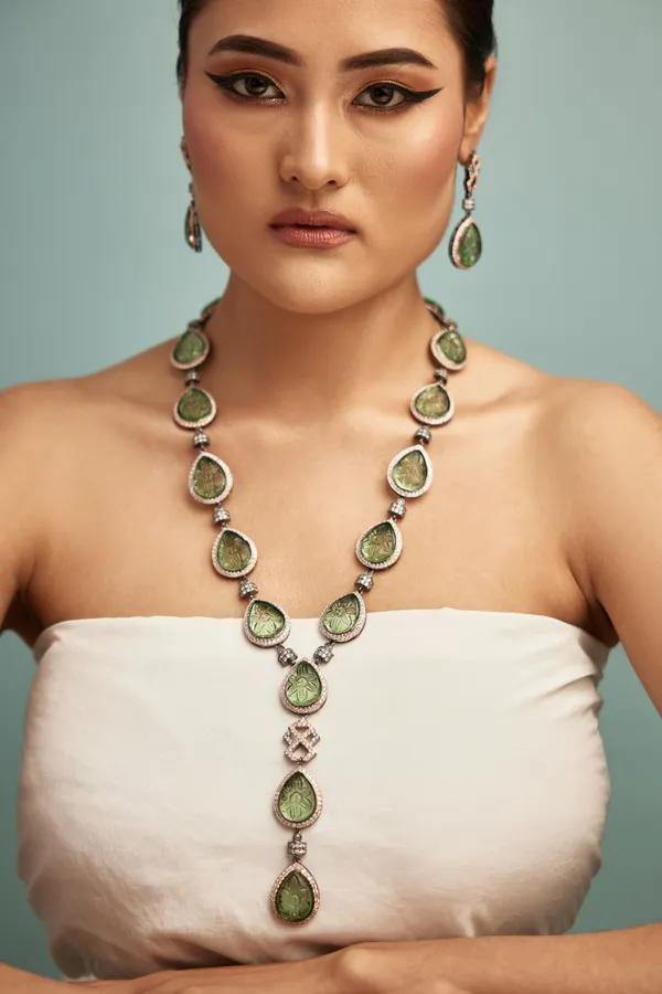 Statement Carved Green Stone Zirconia Necklace