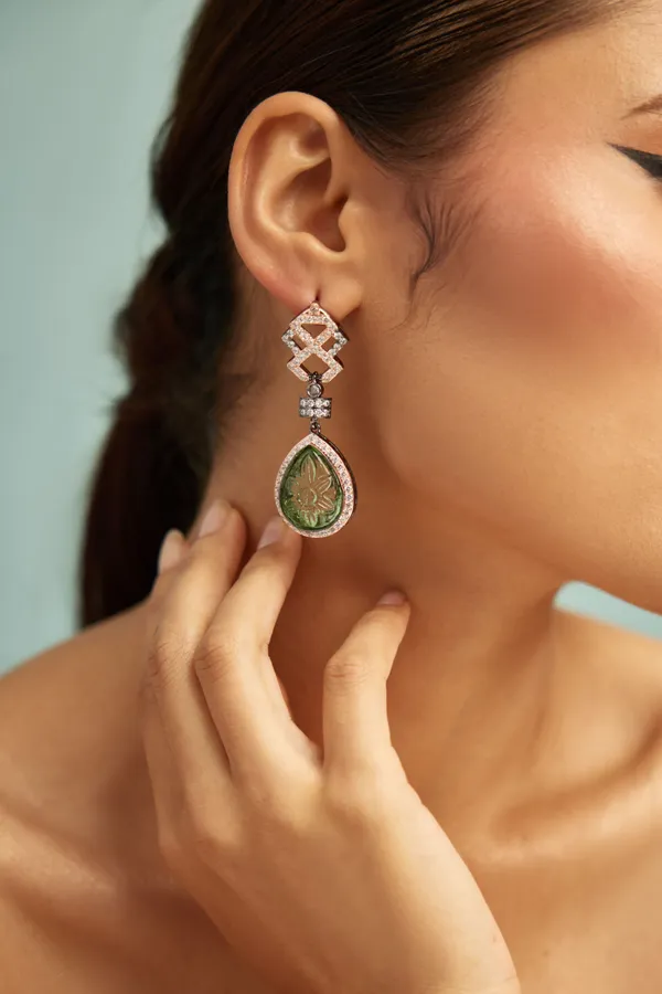 Statement Carved Green Stone Zirconia Earrings
