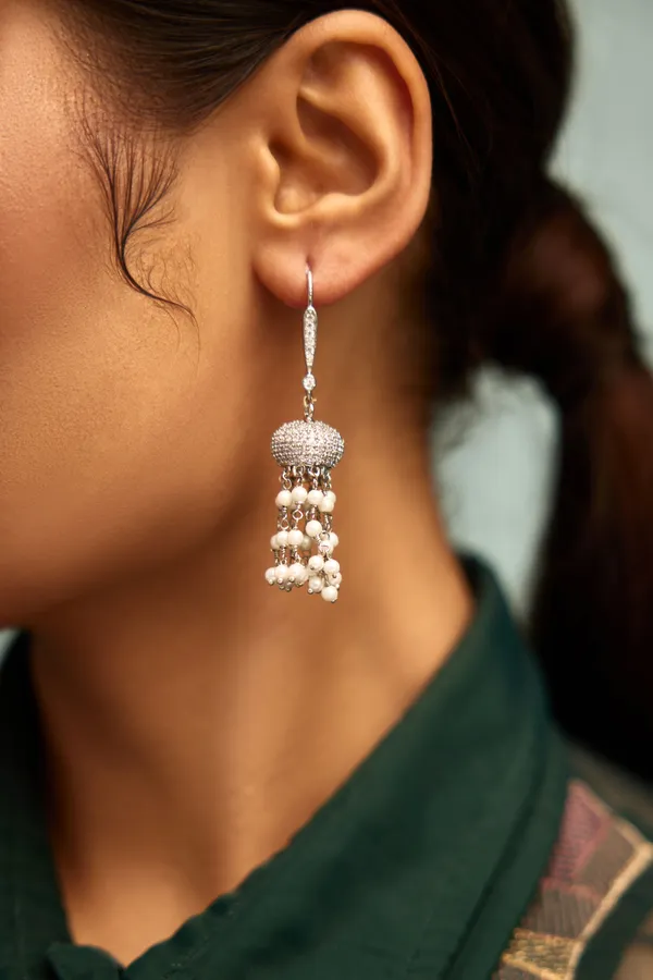 Silver Zirconia Earrings With Pearl Drops