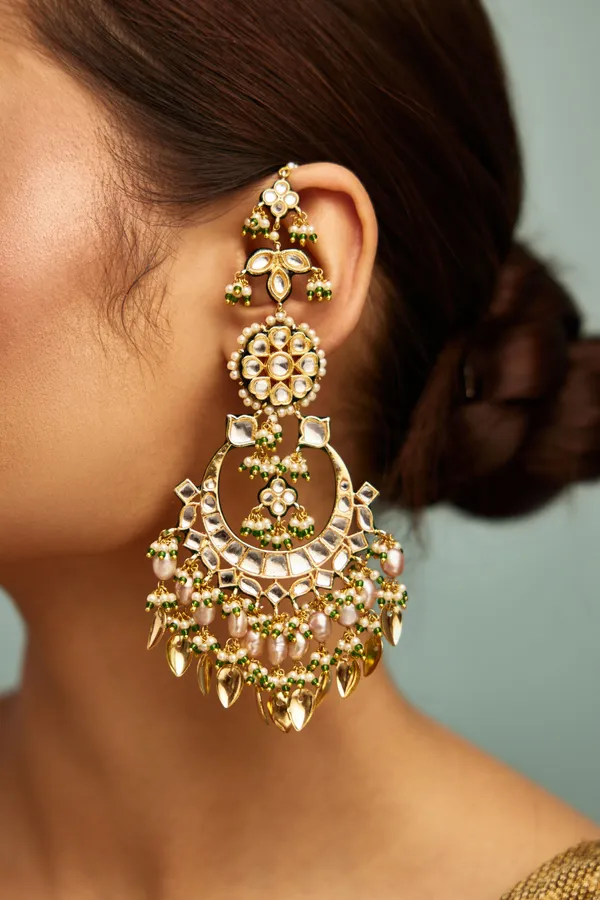 Statement Kundan Gold & White Pipalpatti Chandbaali