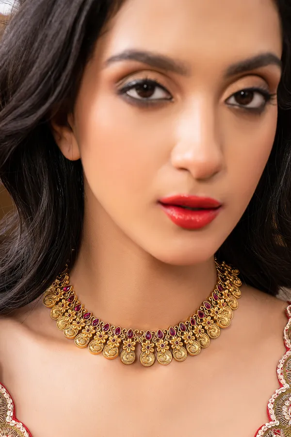 Statement Red & Gold Flower Kundan Choker Necklace Set