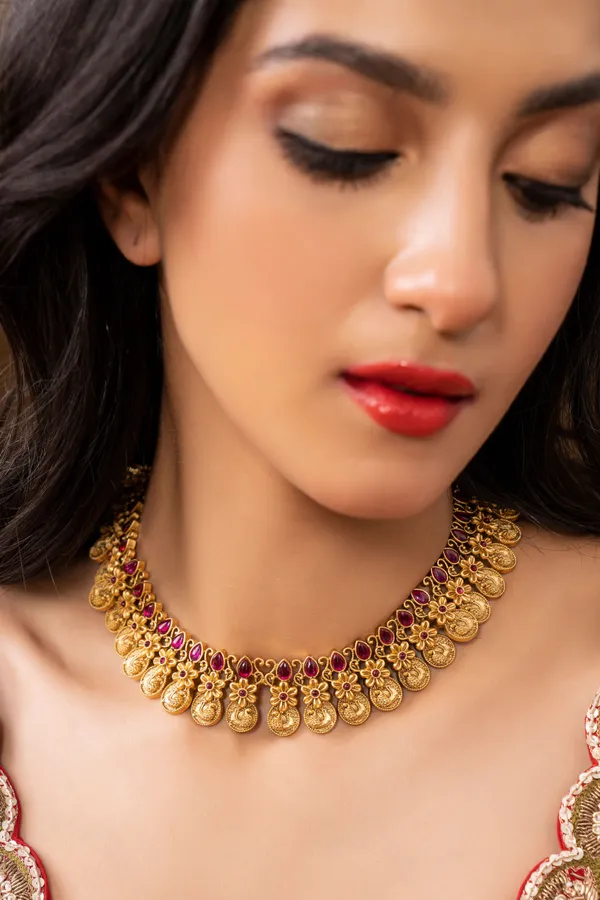 Statement Red & Gold Flower Kundan Choker Necklace Set