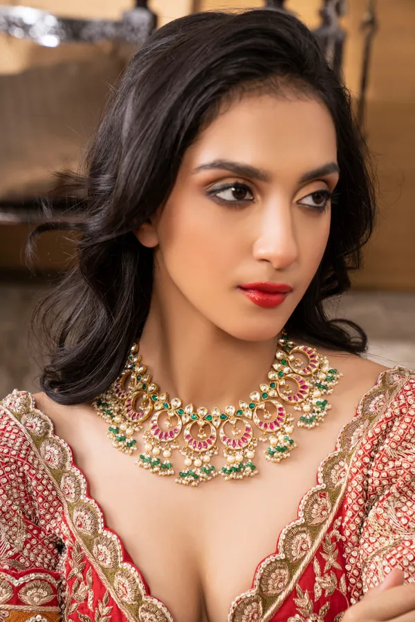 Statement Red Kundan Green Pearls Necklace