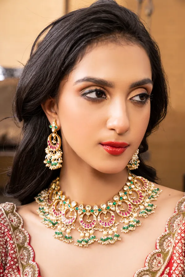 Statement Red Kundan Green Pearls Necklace