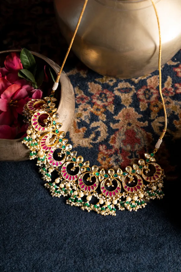 Statement Red Kundan Green Pearls Necklace