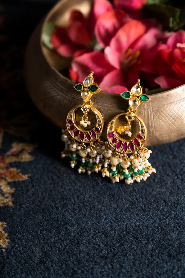 Statement Red Kundan Green Pearls Chandbali Earrings