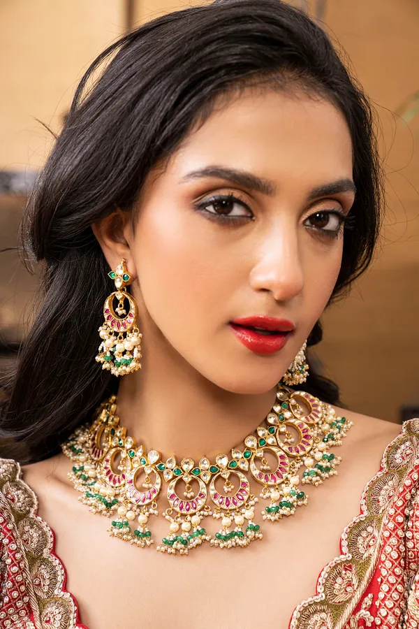 Statement Red Kundan Green Pearls Chandbali Earrings
