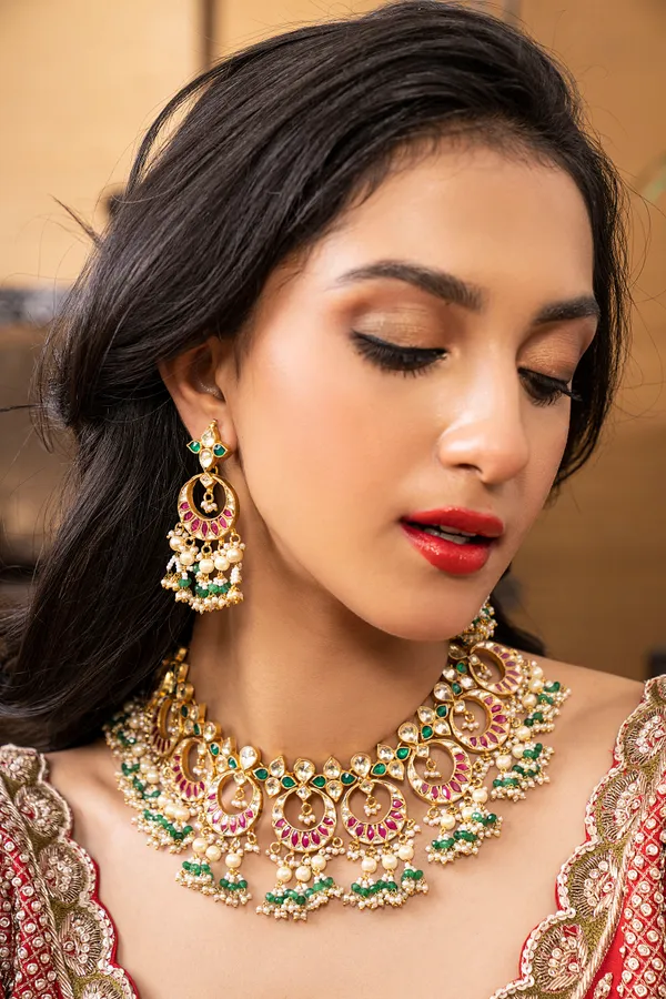 Statement Red Kundan Green Pearls Chandbali Earrings