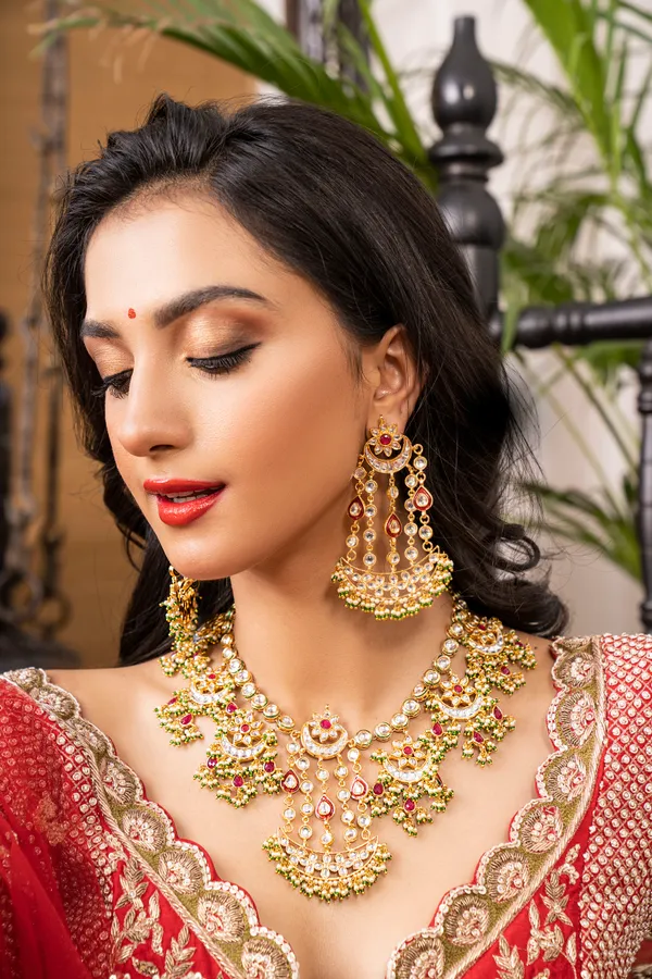 Statement Red Kundan Gold Chand Earrings