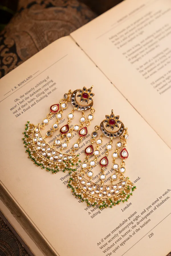 Statement Red Kundan Gold Chand Earrings