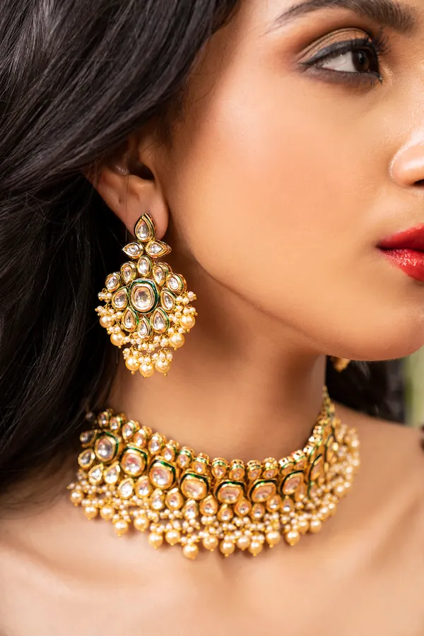 Gold & Green Kundan Earrings