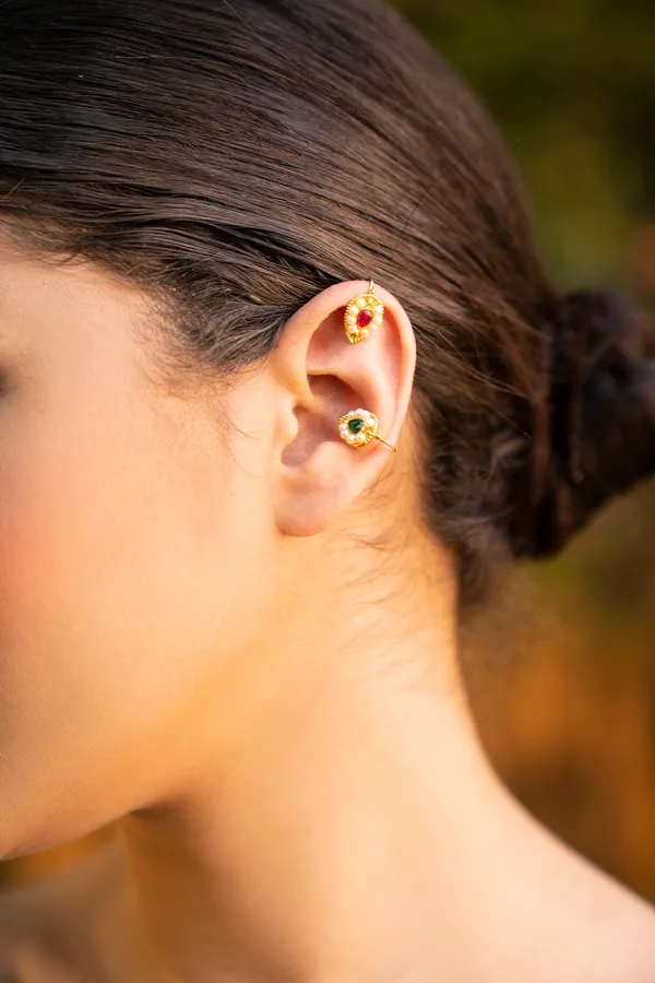 Green Kundan White Pearls Nath