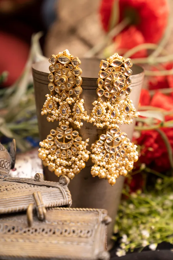 Gold & White Teen Biya Chandbali Earrings