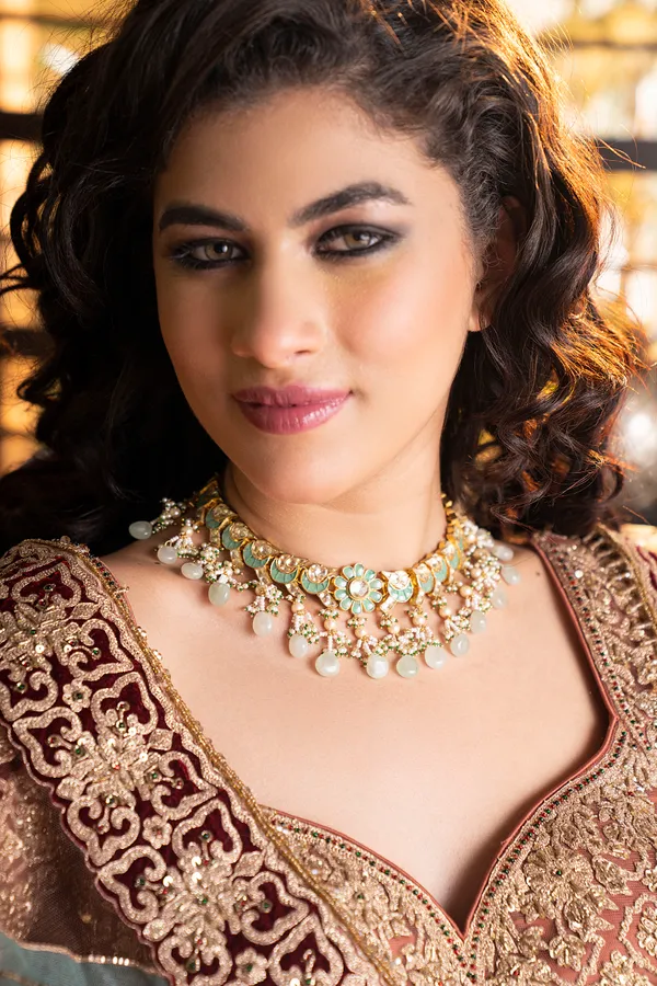 Mint Green Kundan Flower Chand Necklace