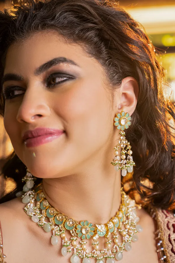 Mint Green Kundan Flower Earrings