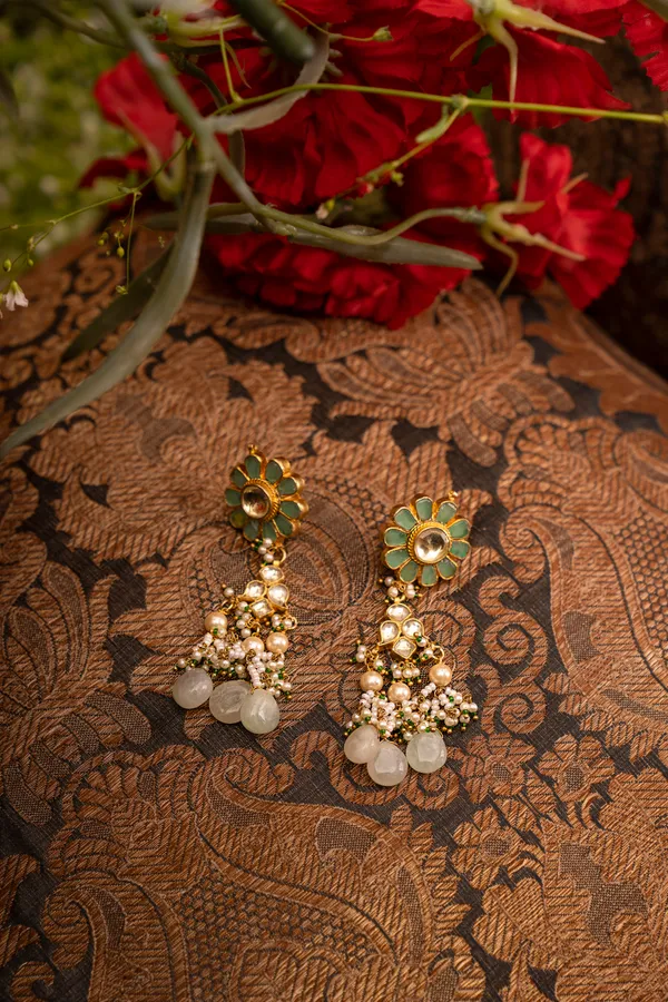 Mint Green Kundan Flower Earrings