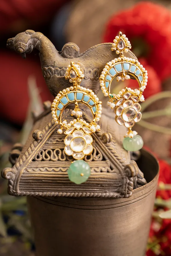 Gold & Feroza Chand Pearls Earrings