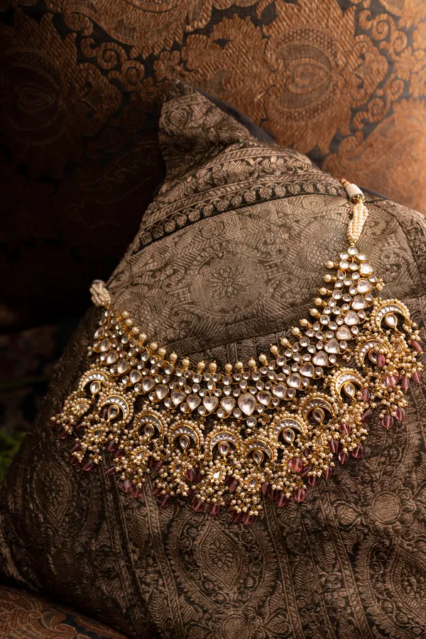 Statement Gold & White Chand Tourmaline Drops Necklace