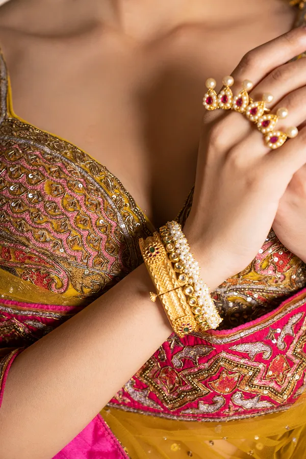 Pink & Green Kundan Gold Kada With Pearls Set