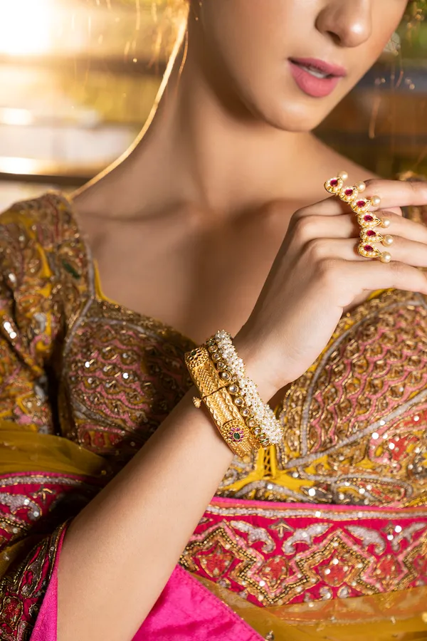 Pink & Green Kundan Gold Kada With Pearls Set