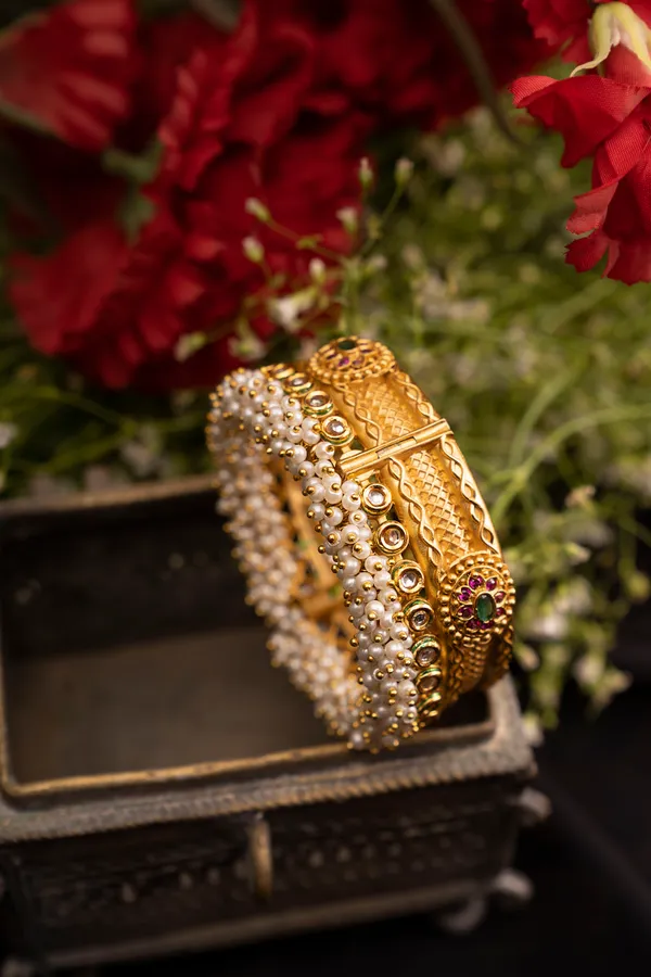 Pink & Green Kundan Gold Kada With Pearls Set