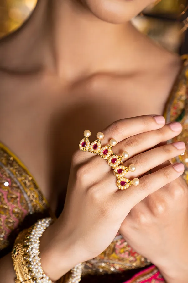 Pink & Green Kundan Gold Kada With Pearls Set