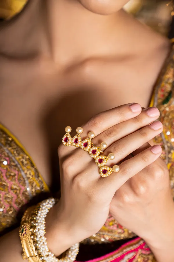 Pink & Green Kundan Gold Kada With Pearls Set
