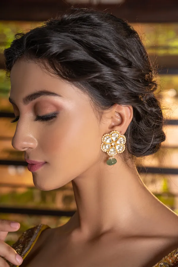 Gold & White Flower With Pearls Green Drop Earrings